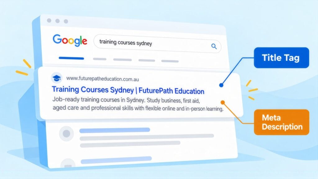 Google result for 'training courses sydney' with the blue FuturePath Education headline labelled Title Tag and the snippet below labelled Meta Description