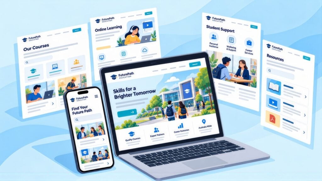 FuturePath Education pages for Our Courses, Online Learning, Student Support and Resources around a laptop homepage reading 'Skills for a Brighter Tomorrow'