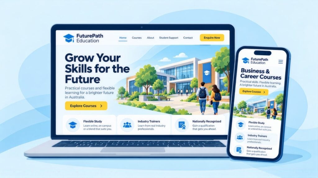 Laptop and phone showing the FuturePath Education website with the headline 'Grow Your Skills for the Future', a campus scene and Explore Courses button