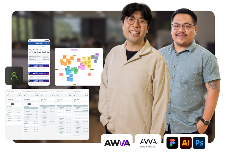Jerry and Jose standing in front of a blurred office background, surrounded by UI design screens and award badges for web and design competitions.