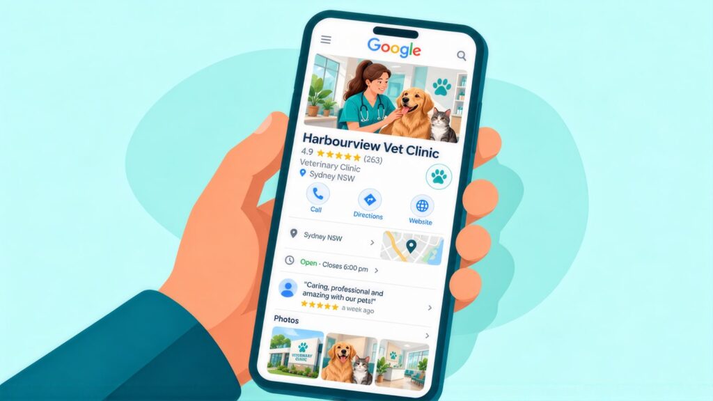 Hand holding a phone with the Google Business Profile for Harbourview Vet Clinic in Sydney, rated 4.9 stars, with call, directions, a review and photos