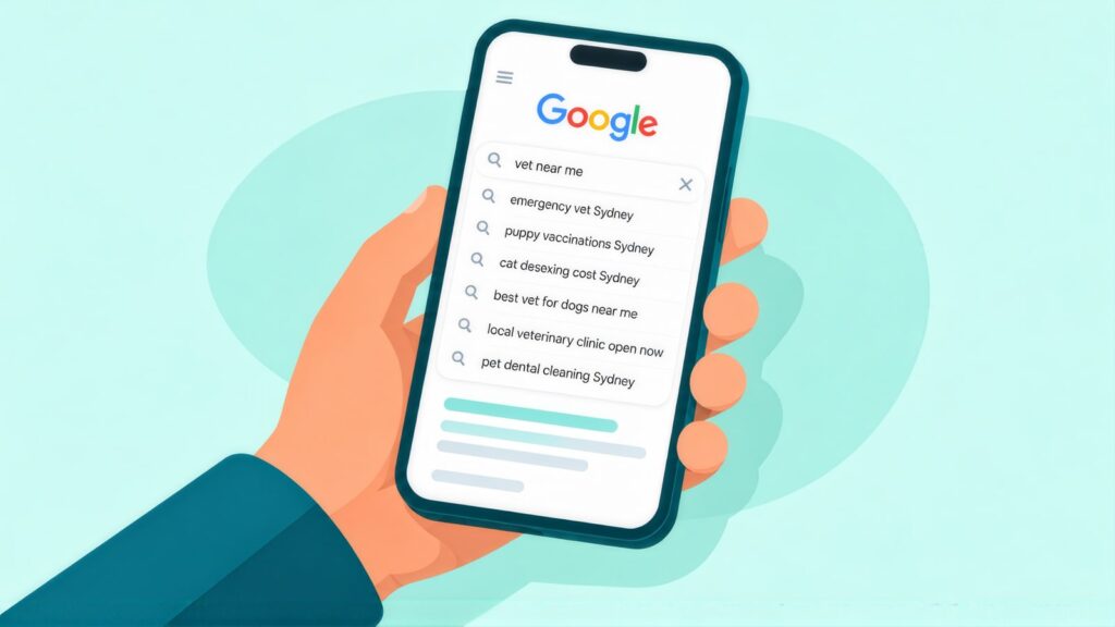 Hand holding a phone with Google suggestions for vet near me, including emergency vet Sydney, puppy vaccinations Sydney and cat desexing cost Sydney