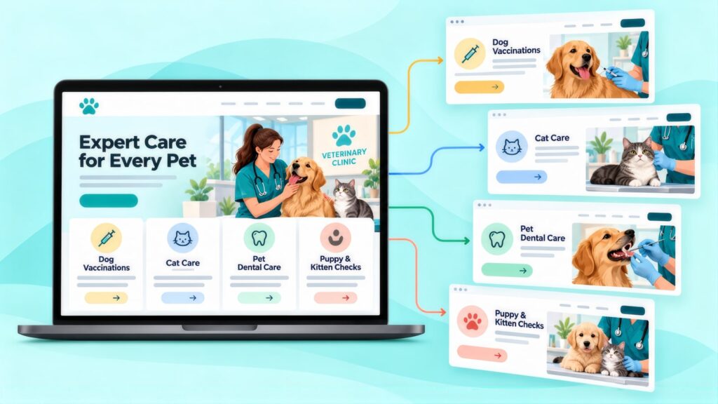 Vet clinic homepage reading 'Expert Care for Every Pet' with arrows to landing pages for Dog Vaccinations, Cat Care, Pet Dental Care and Puppy & Kitten Checks