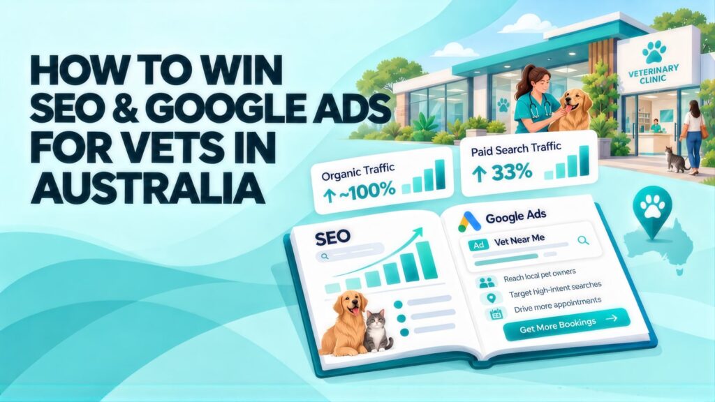Headline 'How to Win SEO & Google Ads for Vets in Australia' beside an open guide, ~100% organic traffic and 33% paid search traffic cards, and a vet with a golden retriever