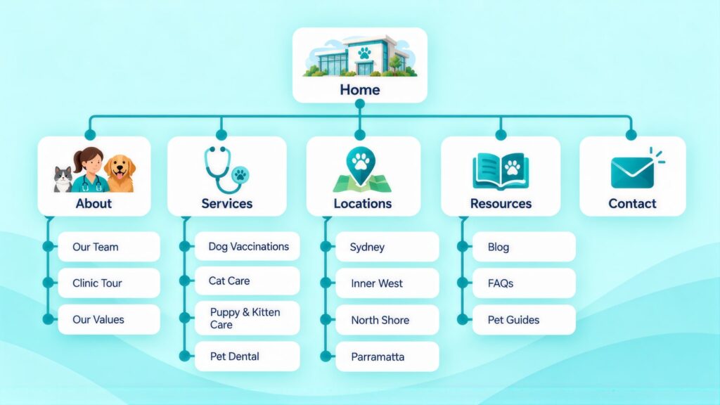 Site map with Home branching to About, Services, Locations, Resources and Contact, with sub-pages like Dog Vaccinations, Pet Dental, Inner West and Pet Guides