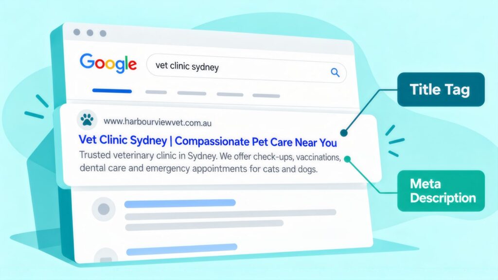 Google result for 'vet clinic sydney' with the Harbourview headline labelled Title Tag and the snippet about vaccinations and dental labelled Meta Description