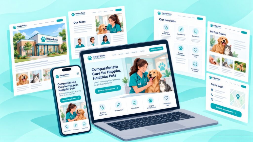 Happy Paws Veterinary Clinic pages for Our Team, Our Services, Pet Care Guides and Get in Touch around a laptop homepage showing a vet with a dog and cat