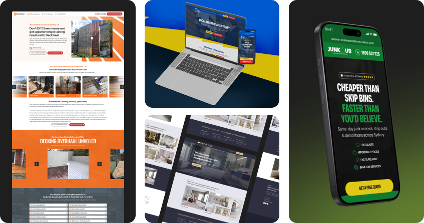 three custom landing page designs on device mockups: a commercial plumbing service page with booking form and trust badges, a premium wine brand product page with bold visuals and storytelling layout, and a financial services lead generation page with eligibility form and compliance markers.