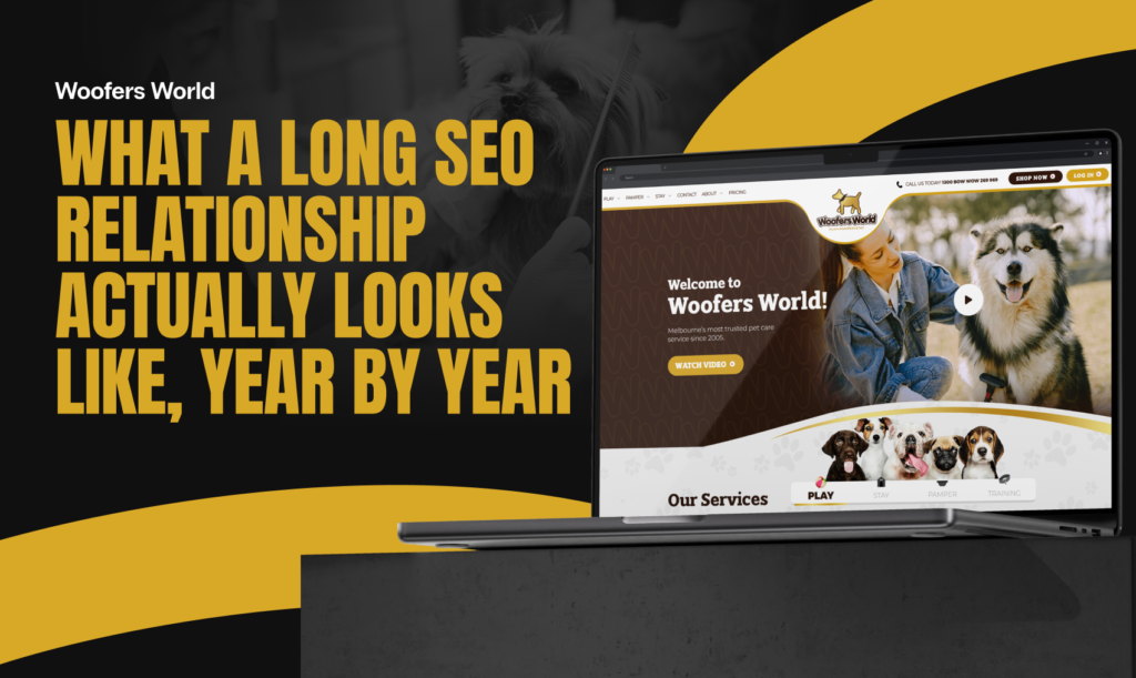 Woofers World homepage on a laptop beside the article title: what a long SEO relationship actually looks like, year by year