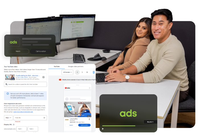Adirel & Amanda working on YouTube ad campaigns, at a desk together, in office photoshoot.