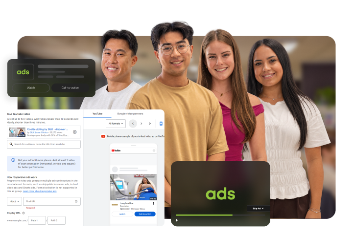 Click Click Media team standing in the Norwest office, with a YouTube video ad set-up screen and an in-feed ad example overlaid